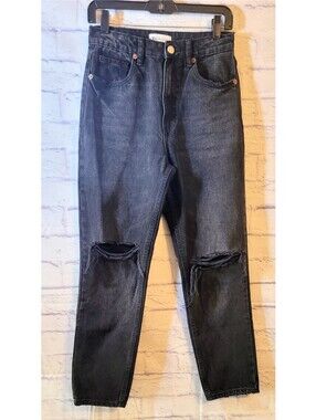 Zara Jeans Womens Size 4 High Rise Black Straight Leg Distressed Denim Grunge